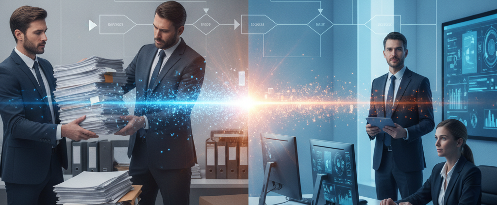 Paperless workflow automation transforming paper documents into a digital tablet screen