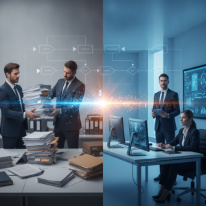 Paperless workflow automation transforming paper documents into a digital tablet screen