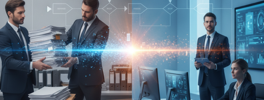 Paperless workflow automation transforming paper documents into a digital tablet screen