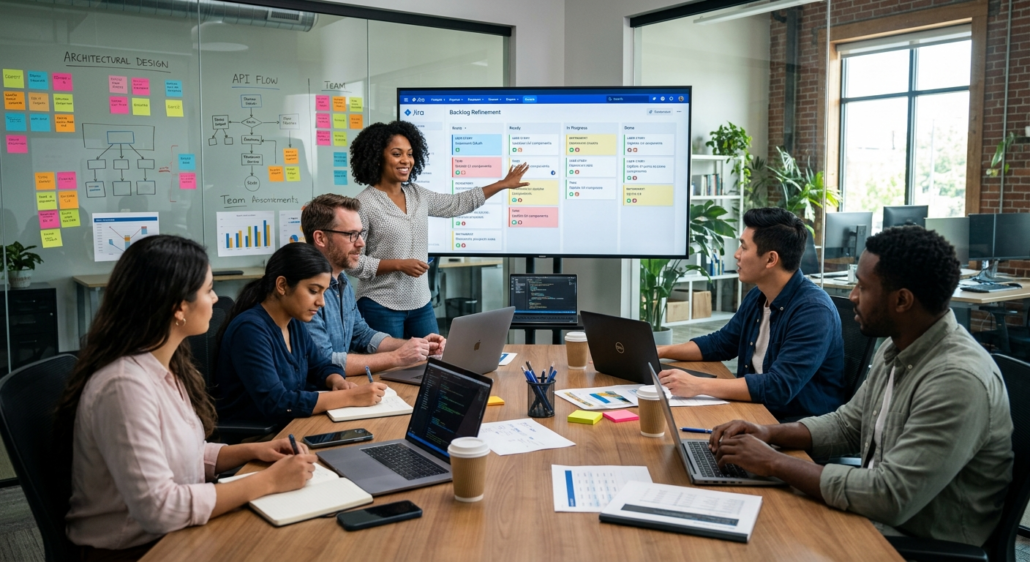 جلسه تیم فنی برای استوری پوینتدهی در متدولوژی Agile BPM