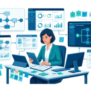نمای شماتیک از مستندسازی چابک فرآیندهای کسب‌وکار (Agile BPM) شامل نمودارهای BPMN، شاخص‌های عملکرد و تحلیل فرآیند