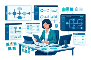 نمای شماتیک از مستندسازی چابک فرآیندهای کسب‌وکار (Agile BPM) شامل نمودارهای BPMN، شاخص‌های عملکرد و تحلیل فرآیند