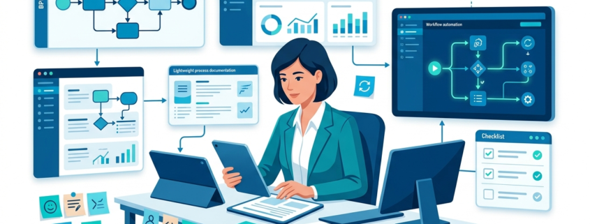 نمای شماتیک از مستندسازی چابک فرآیندهای کسب‌وکار (Agile BPM) شامل نمودارهای BPMN، شاخص‌های عملکرد و تحلیل فرآیند