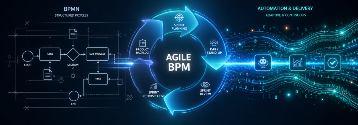 نمای مفهومی از ترکیب BPMN، اسکرام و مکانیزه‌سازی در چارچوب مدیریت فرآیندهای چابک (Agile BPM)