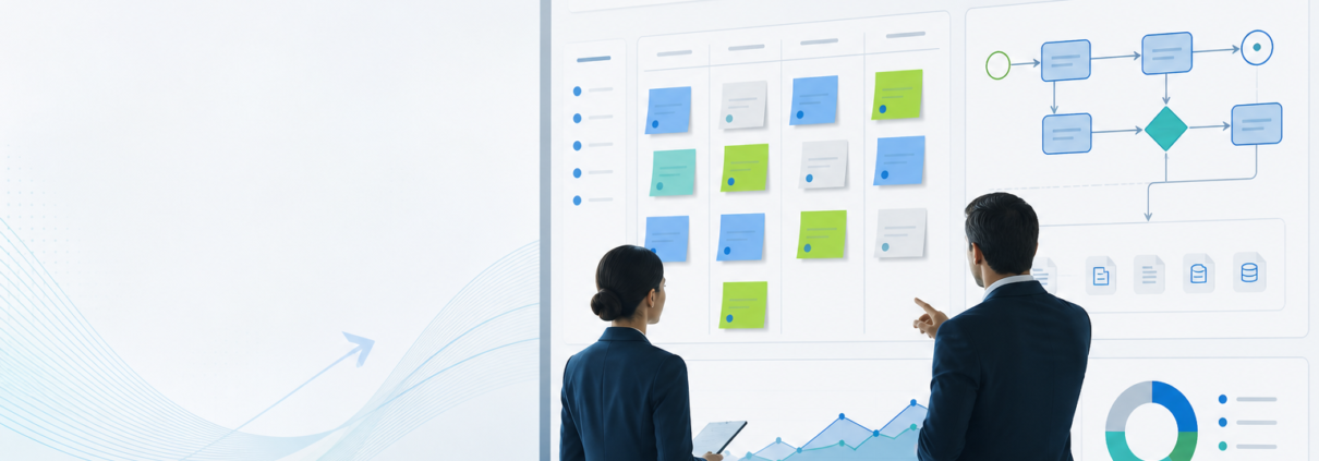 تیم مدیریتی در حال بررسی الگوی طراحی backlog بهبود برای فرآیندهای سازمانی روی داشبورد دیجیتال