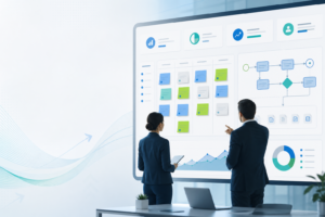 تیم مدیریتی در حال بررسی الگوی طراحی backlog بهبود برای فرآیندهای سازمانی روی داشبورد دیجیتال