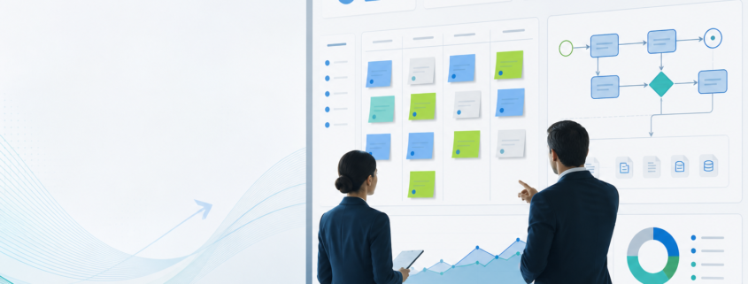 تیم مدیریتی در حال بررسی الگوی طراحی backlog بهبود برای فرآیندهای سازمانی روی داشبورد دیجیتال